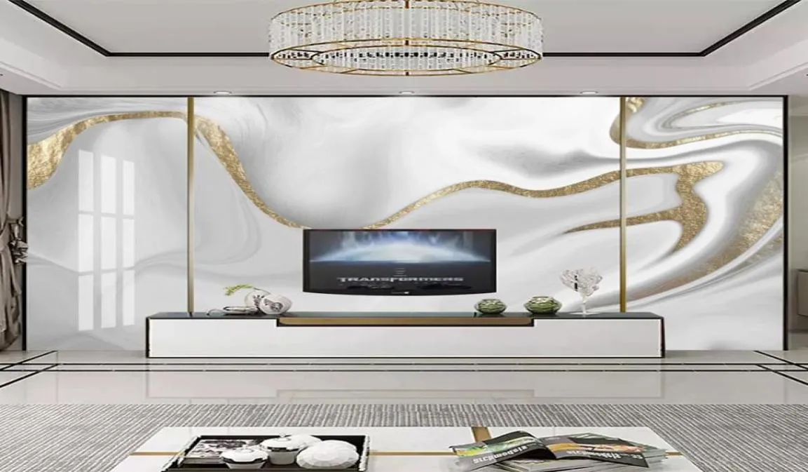 Custom Mural Wallpaper Modern 3D Golden Line Jazz White Marble ...