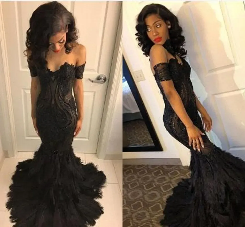 Black Mermaid Style Prom Dress With Off Shoulder Appliques, Lace ...