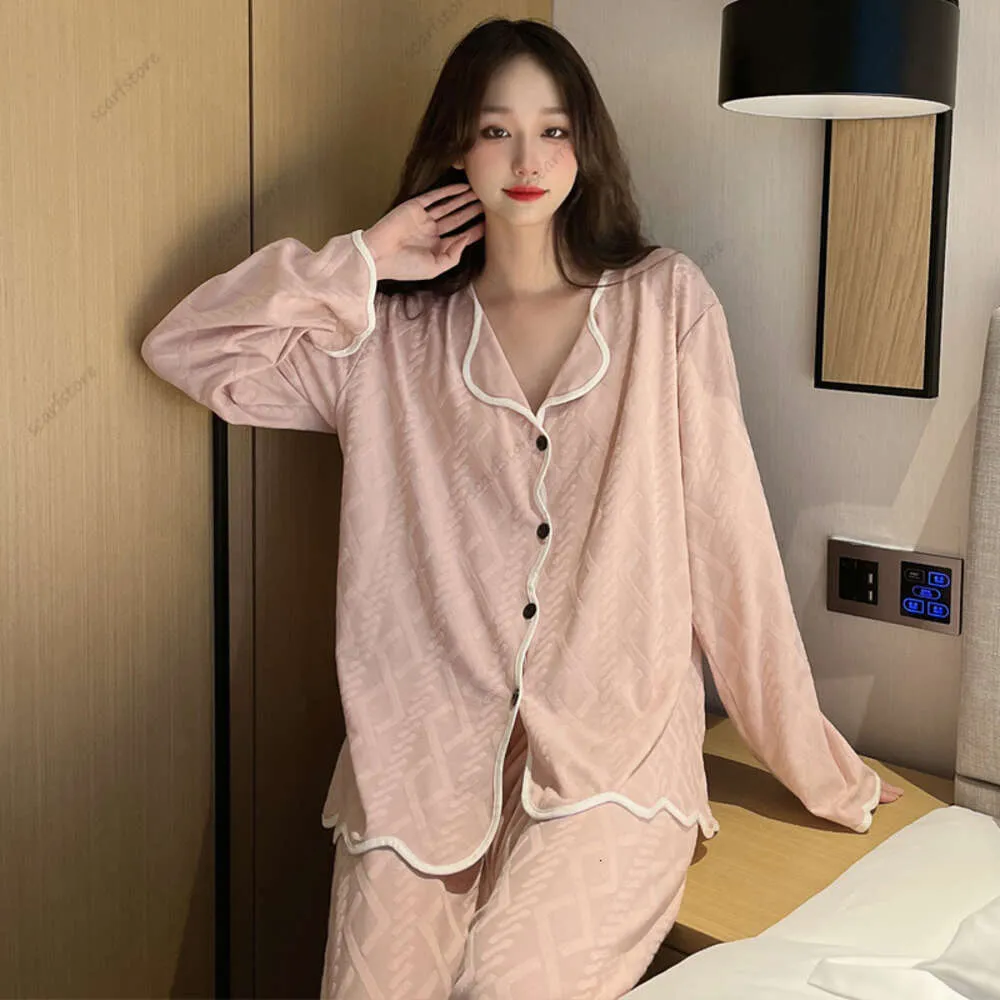 Autumn casual minimalist long sleeved long pants pajamas for womens 2023 new high-end cardigan home wear can be worn externally