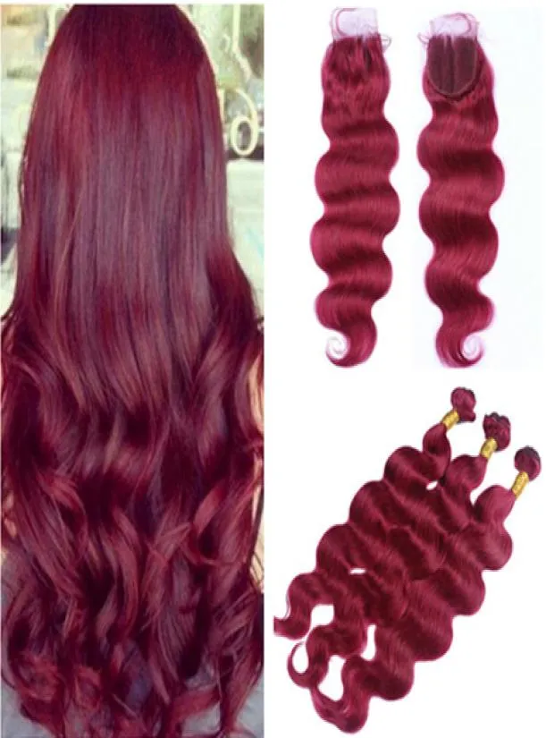 Бразильское бордовое красное девственное плетение человеческих волос с верхней застежкой Объемная волна 99J Винно-красное 4x4 Кружевная передняя застежка с 3 пучками 4шт1371788