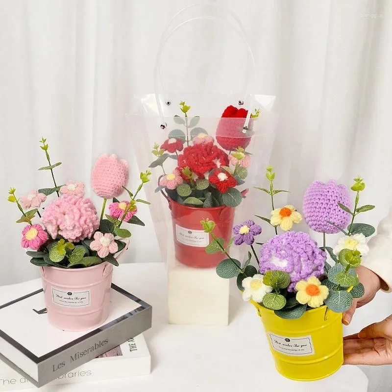 Decorative Flowers Mother's Day Artificial Flower Metal Pail Bucket Crochet Knitted Wool Sunflower Handmade Finished Bouquet