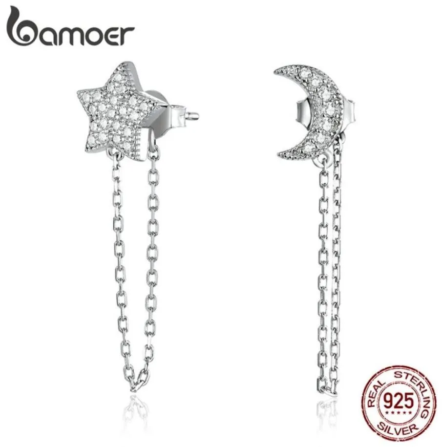 Moon and Star Chain Drop Earrings for Women 925 Sterling Silver Clear CZ Engagement Wedding Statement Smycken BSE385 2106244574991