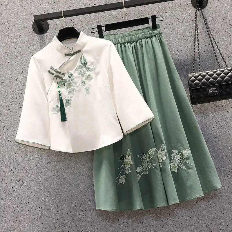 Oversized Womens Summer Butterfly Sweet Chinese Suit Embroidered Top Hanfu Blouse Skirt Twopiece Set Large Size 240220