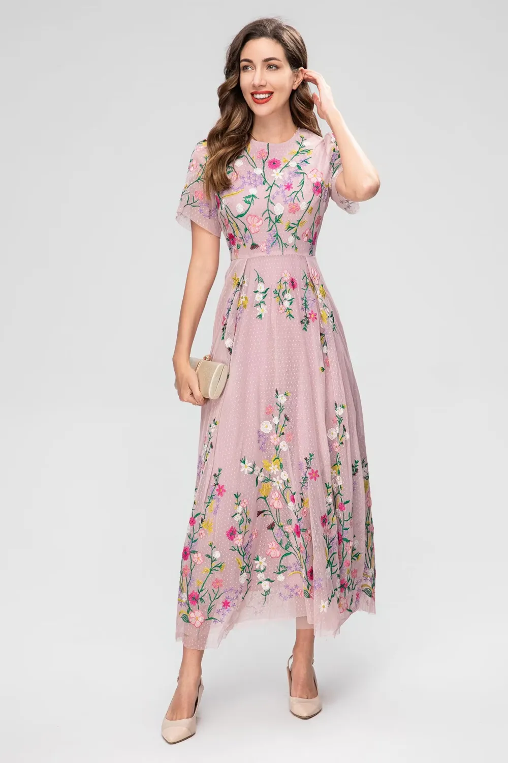 Лето 2024, женское платье с вышивкой и цветочным принтом, женские повседневные длинные платья с круглым вырезом на молнии и короткими рукавами AS068