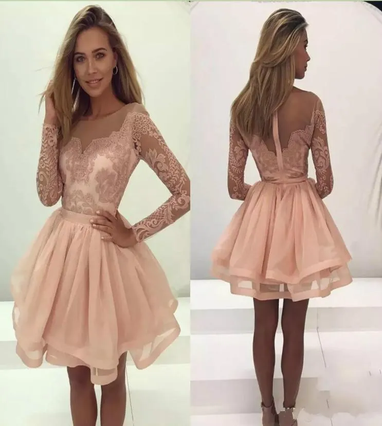 2019 Elegante Nieuwe Pure Lange Mouwen Kant Applique Homecoming Jurken Scoop Organza Mini Prom Feestjurk Een Lijn Cocktail Club Wear5465960