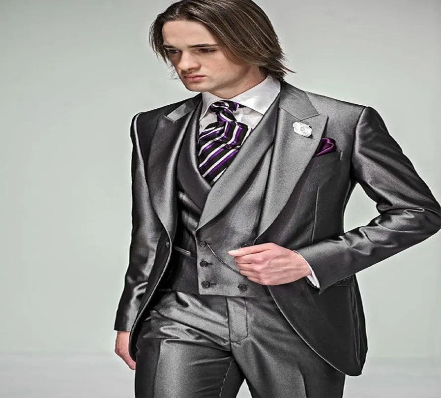 Nach Maß Neue Stil One Button Bräutigam Smoking Grau mann Spitze Revers Trauzeuge Männer Hochzeit Anzüge Bräutigam Jacke HosenTieV6029176