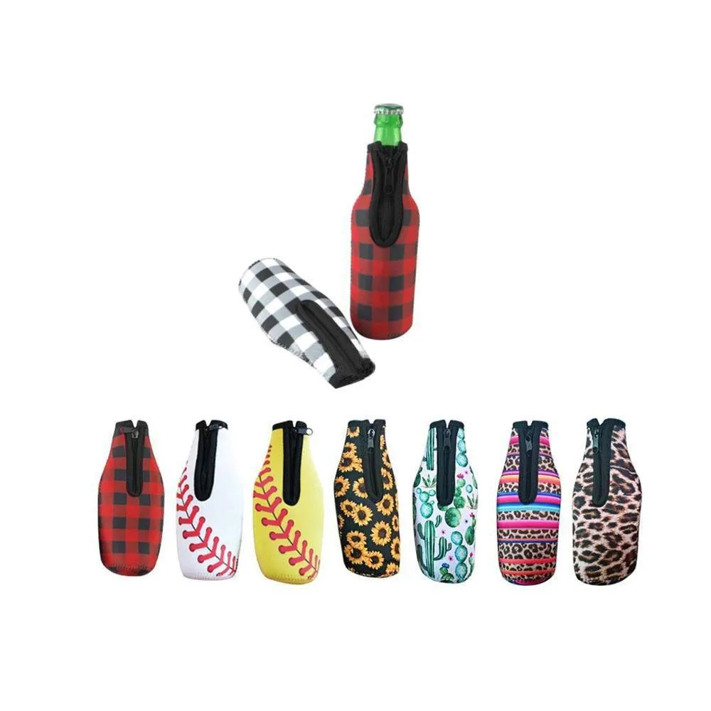 Maniglia per bicchieri 330Ml 12Oz Manicotto per refrigeratori per bottiglie di birra in neoprene con cerniera Bottiglie Koozies Softball Girasole Modello leopardo Drop Dhxyf