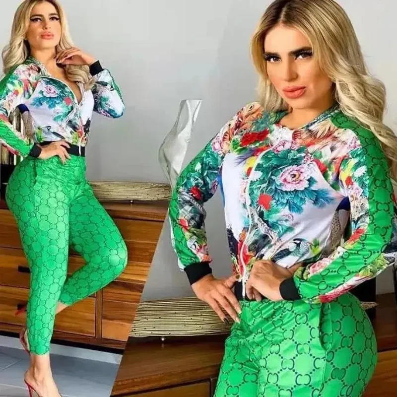 Zíper duas peças calças agasalho conjunto feminino roupas moda impresso zíper jaqueta e moletom conjuntos navio livre