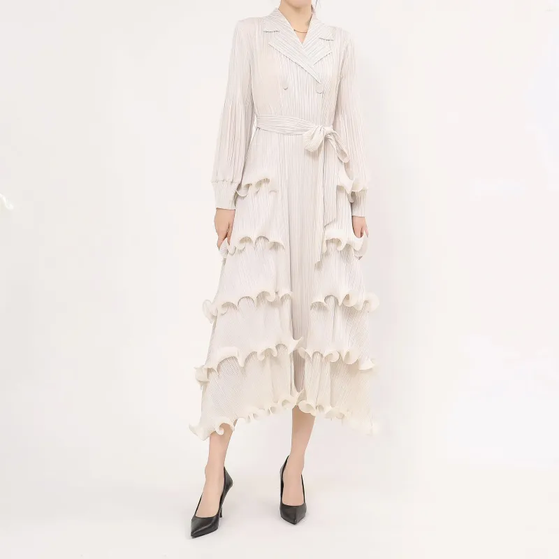 Casual Dresses Miyake' 2024 Autumn High End 3D Embroidered Lace Tune Waist Suit Collar Slim Cardigan Dress