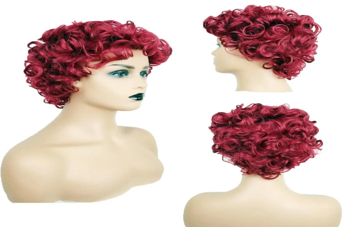 Curly Burgundy Synthetic Wig Simulation Human Hair Wigs Hairpieces for Black and White Women Perruque Blonde K459704948