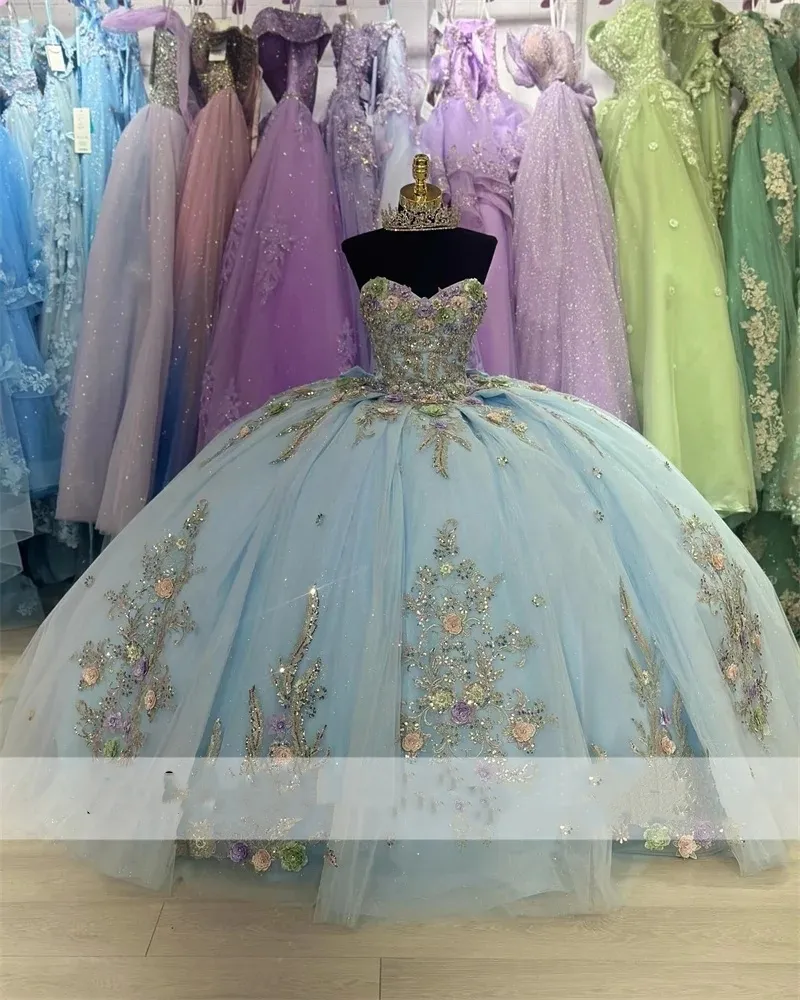 Blue Blue Princesse Quinceanera Robes avec une robe à balle Crystaux de perles Fleurs Appliques Sweet 16 Robes Vestidos de 15 anos