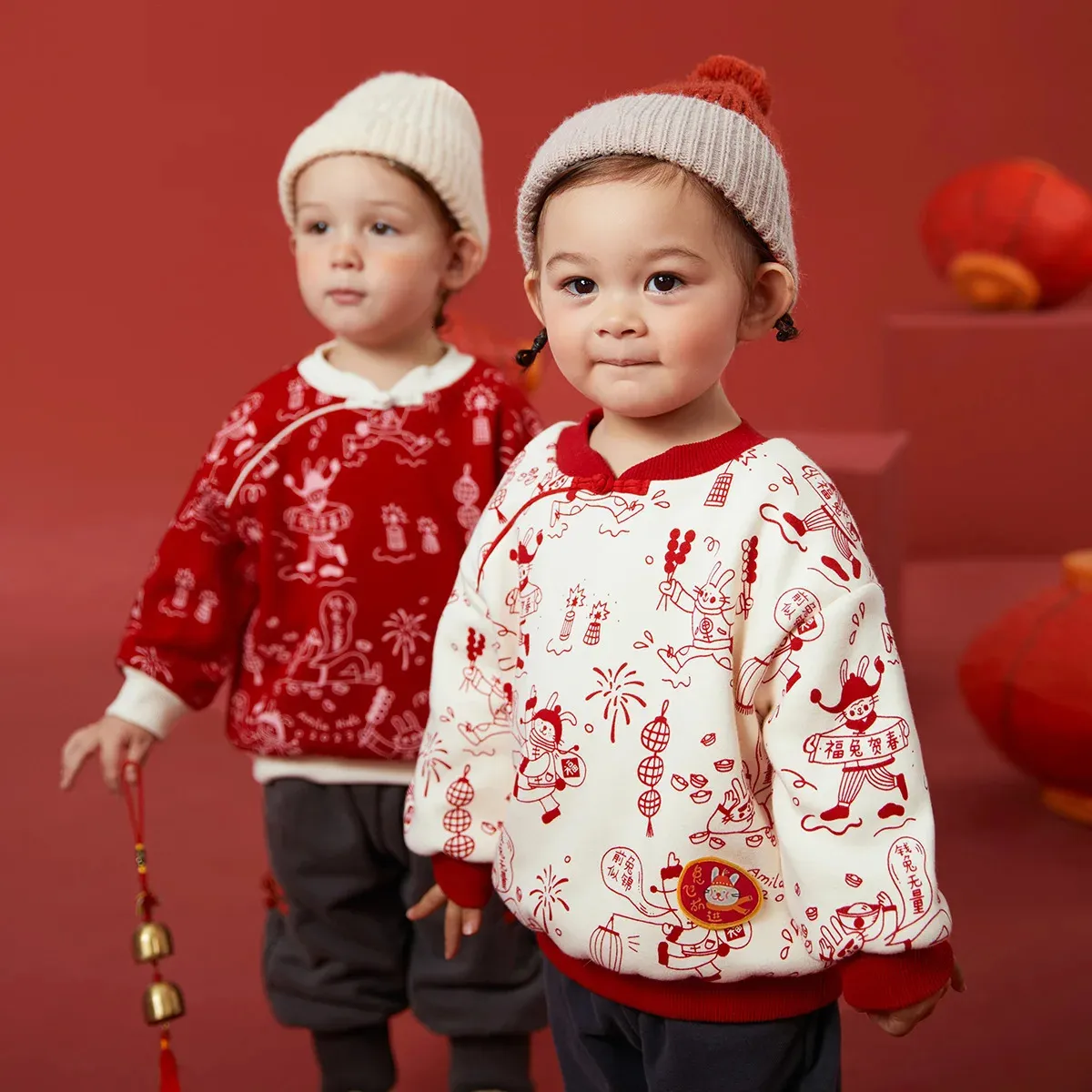 Amila Baby Hoodies Herfst en Winter Jongens Meisjes Originele Chinese Stijl Warme Sweatshirts Mode Hoedloze Bovenkleding 240301