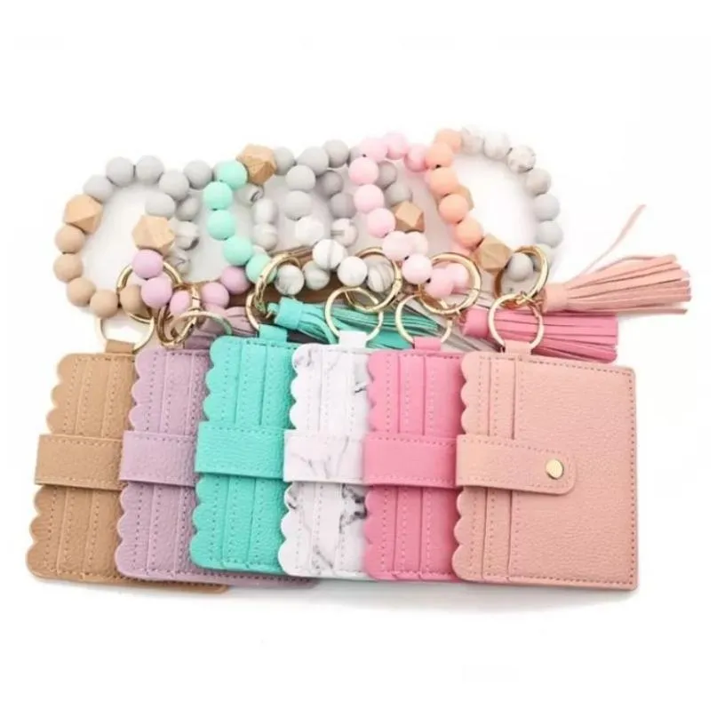 Party Favor Pu Cuir Bracelet Portefeuille Porte-clés Party Favor Glands Bangle Porte-clés Porte-Carte Sac Sile Perlé Bracelet Porte-clés FY3 Dhykd