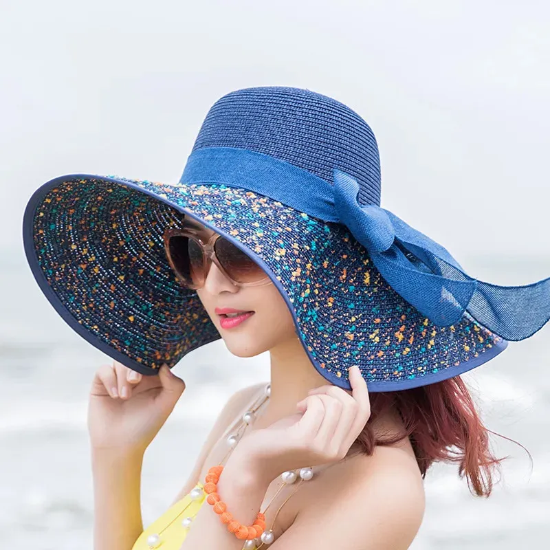 Kvinnor Summer Beach Travel Straw Hat Korean Seaside Big Hat Brim Sunblock Sunshade Holiday Foldbar Fashion Big Cool Hat 240304