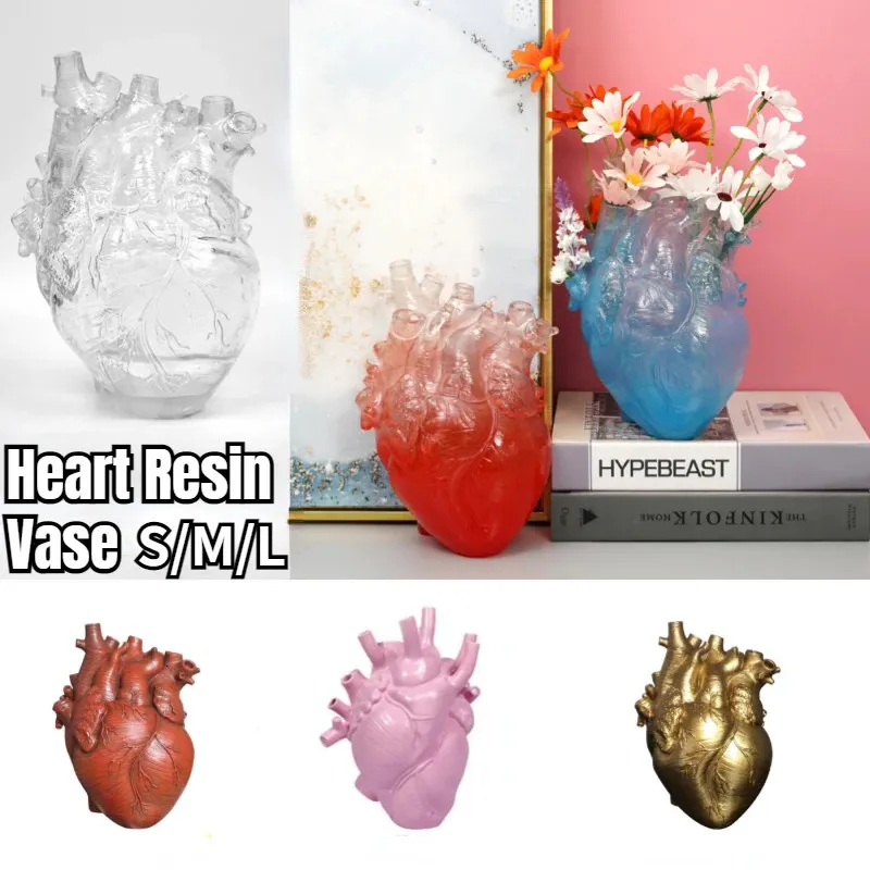 Transparent Heart Resin Vase Anatomical Heart Flower Vase Ornament Craft Planter Pot for Office Living Room Bedroom Desktop 240229