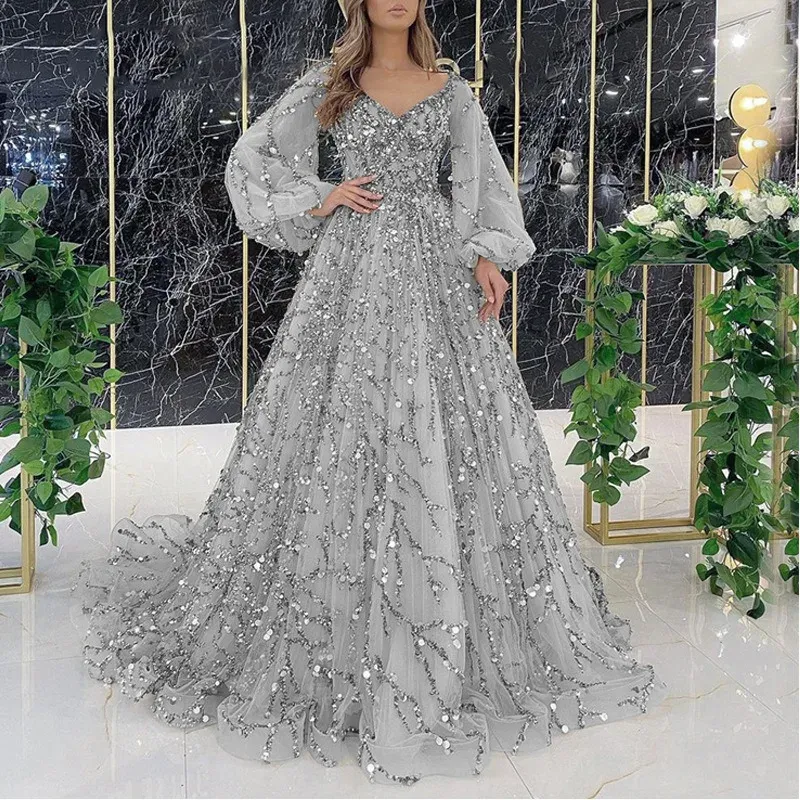 Dress Women Sequins Embroidered Flares Mesh Dress Spring New Elegant Party Formal Dress Women's Lantern Sleeve Vneck High Waist Dress