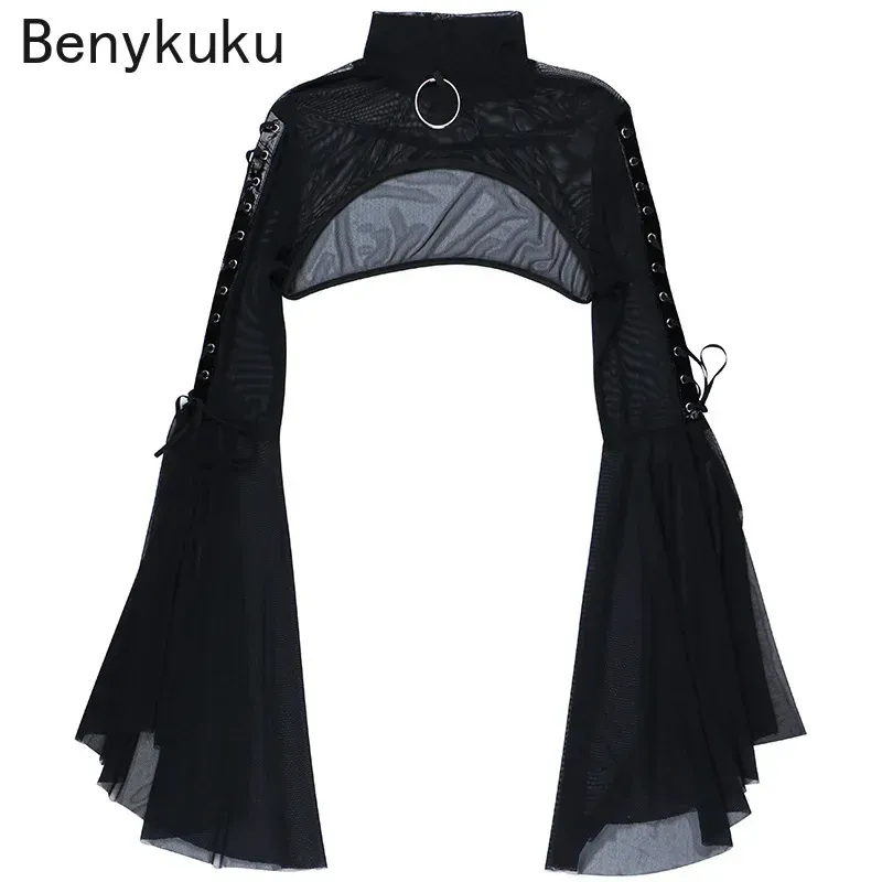 Jackor Gothic Punk Flare Sleeve Jacket Rave Party Cosplay Outfit Seethrough Mesh Awrmg Mock Neck O Ring Laceup Topps Clubwear Crop Top Top
