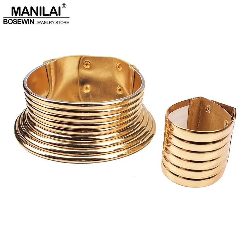 MANILAI Oversized African Jewelry Set Women Vintage Leather Necklaces Bracelets Statement Adjustable Choker Bangle 240305