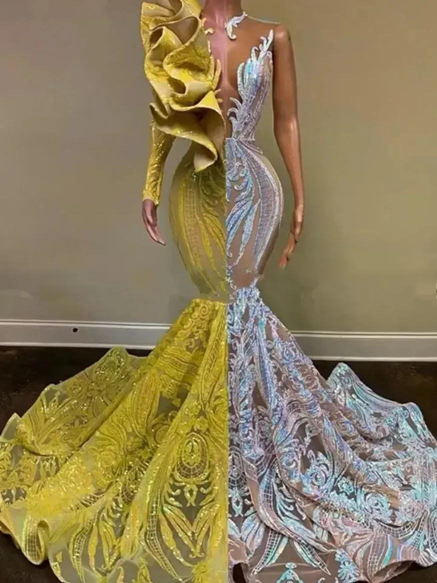 Färgkontrast Yellow Mermaid Prom Dresses For Black Girls Long Sleeve Ruffles Sequin African Evening Dress Graduation Gala klänningar