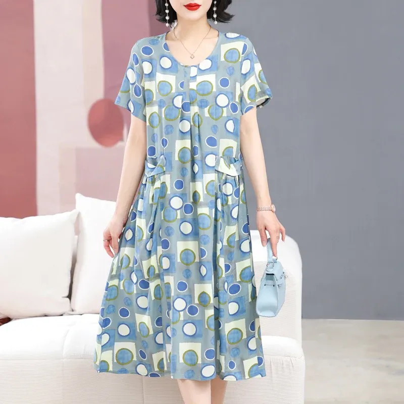 Kleid Sommerkleider Oneck Print Langes Kleid Kurzarm Damen Lange Kleider Böhmischer Baumwollstil Lose Kleider Damenbekleidung