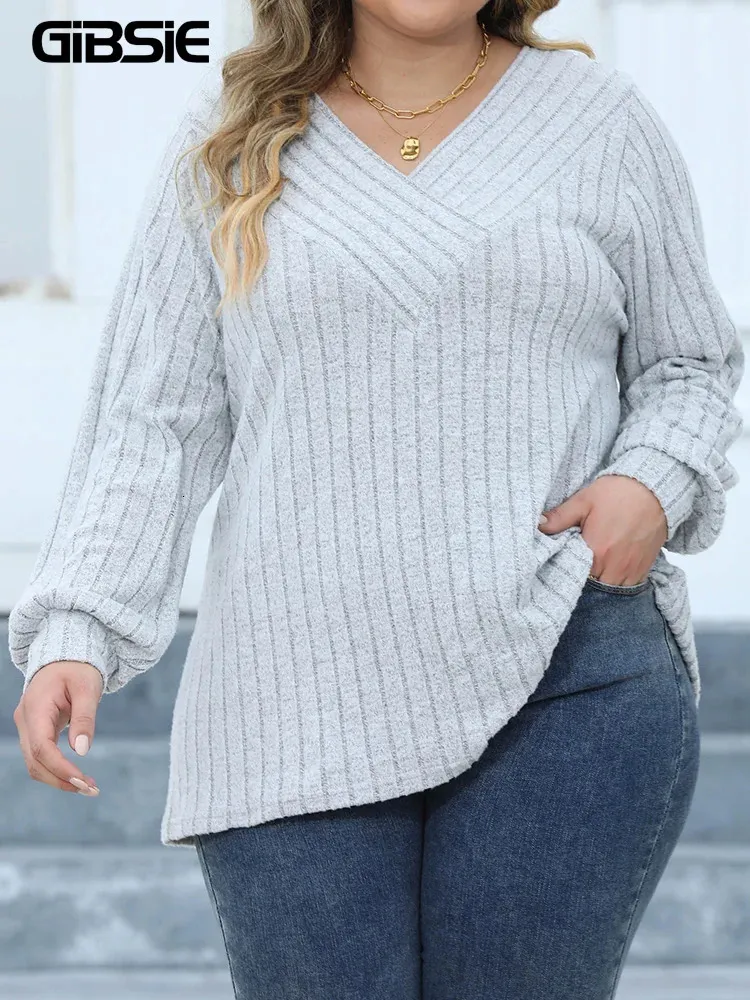 GIBSIE Plus Size Long Sleeve T Shirts for Women Spring Fall Fashion V Neck Solid Ribbed Knit Casual Tee Tops Female 2023 Clothes 240220