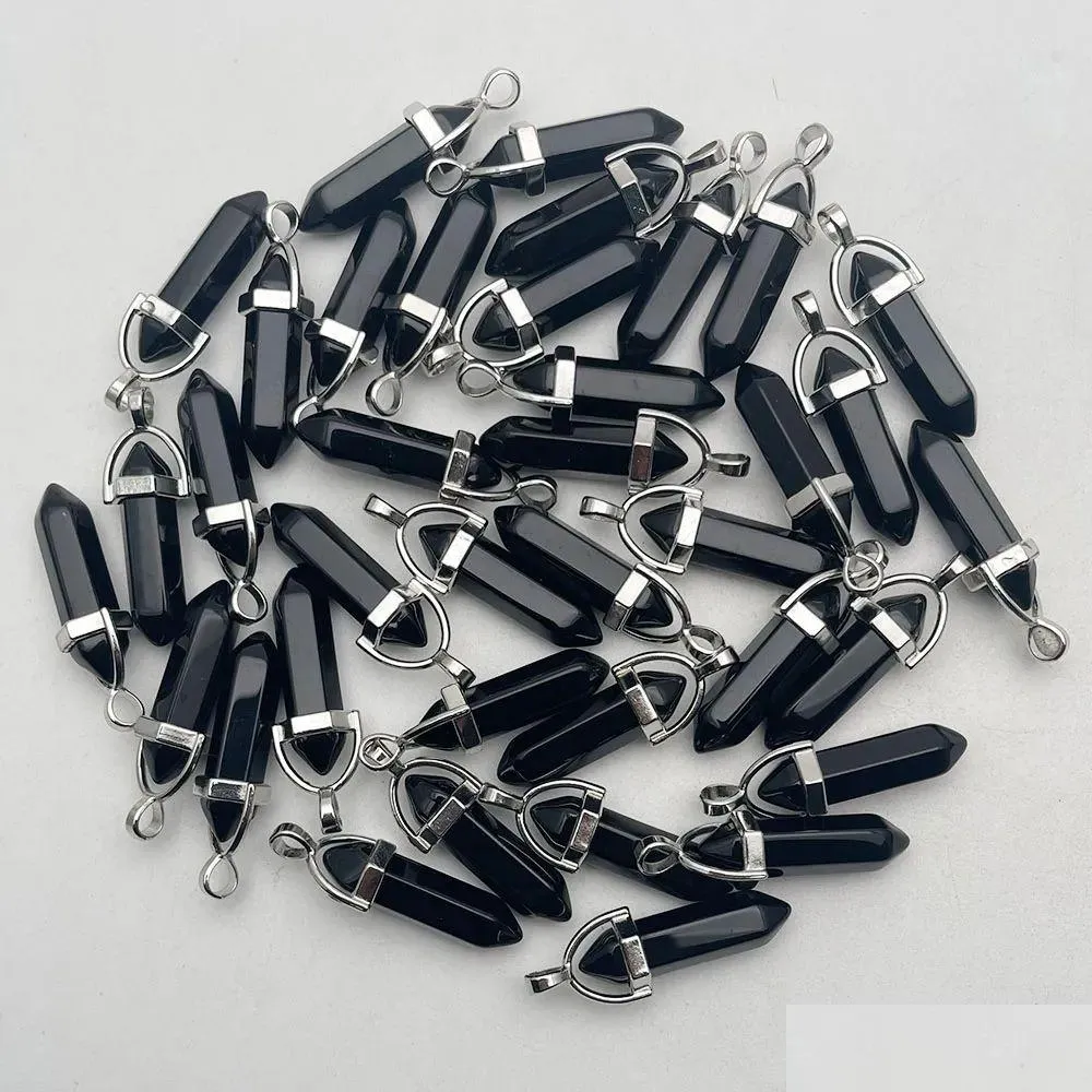 Charms Natural Stone Crystal Pillar Charms Black Onyx Opal Rose Quartz Obsidian Chakra Pendants For Jewelry Making Diy Necklace Earrin Dhhws