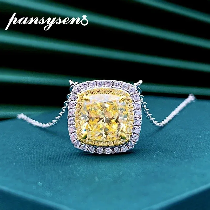 Pansysen Necklace for Women Silver 925 Sterling 8mm Square Cut Citrine High Carbon Diamond Simple Pendant Necklaces Fine Jewelry 240305