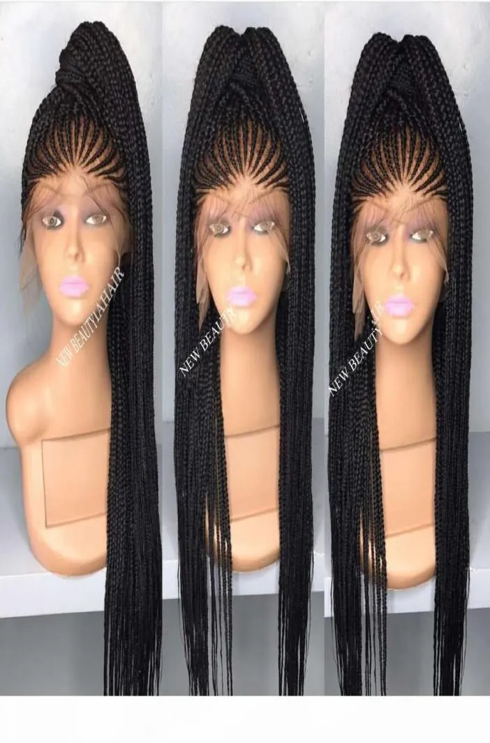 Perruque Lace Front Wig synthétique tressée longue cornrow, perruque Micro tresses de couleur noire et brune avec cheveux de bébé résistants à la chaleur pour l'afrique ame8718288