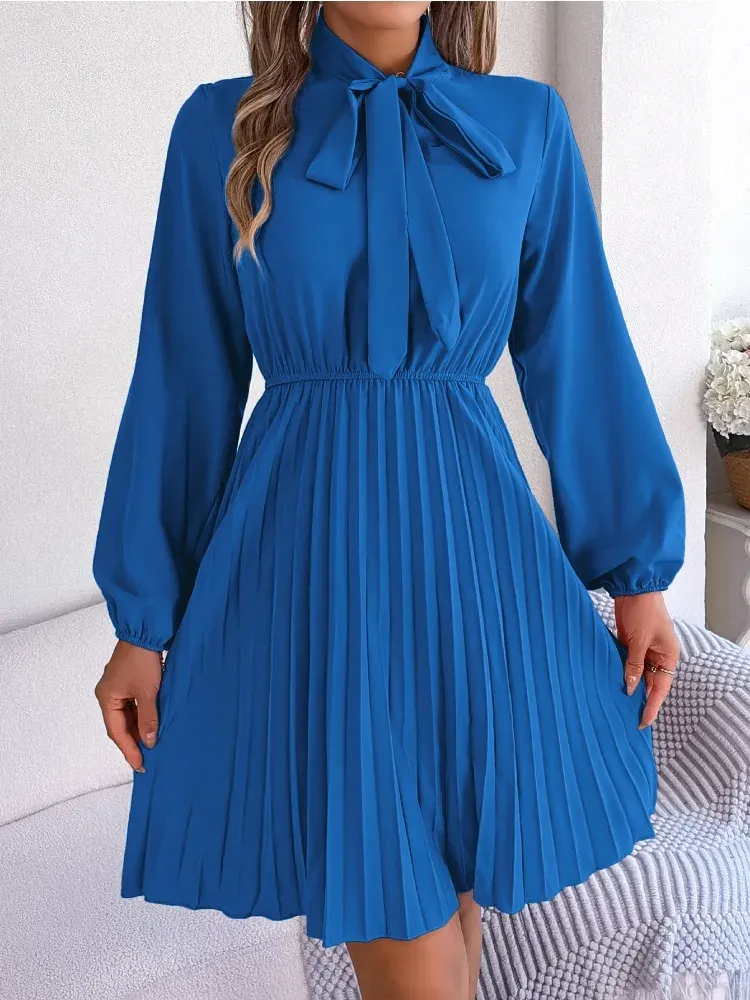 Платье женское элегантное вечернее платье миди с длинным рукавом и высокой талией черно-синее свободное плиссированное вечернее платье осенне-зимняя одежда 2023