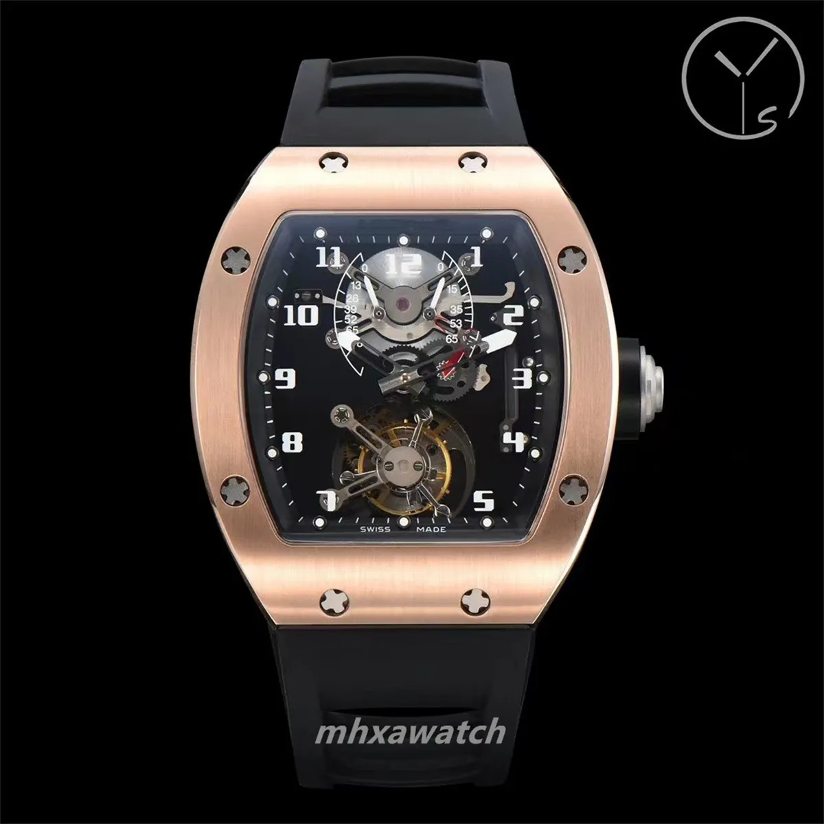 2024 YS Factory Montre pour hommes RM001 Véritable tourbillon Mouvement mécanique Mise à niveau Verre trempé Double couche Bracelet en caoutchouc littéral Montres de créateurs