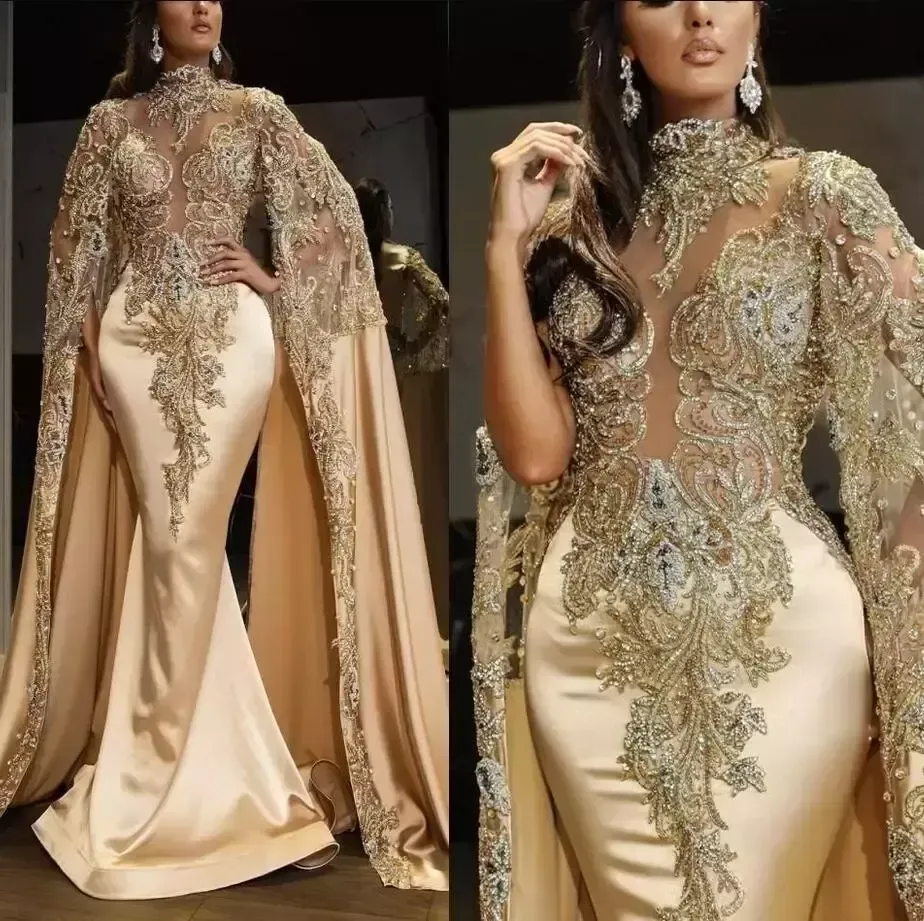 Champagne Luxurious Satin Mermaid Evening Dresses Lace Beaded Crystals Prom Dress with Sheer High Neck Long Sleeves Party Second Reception Gowns 2023