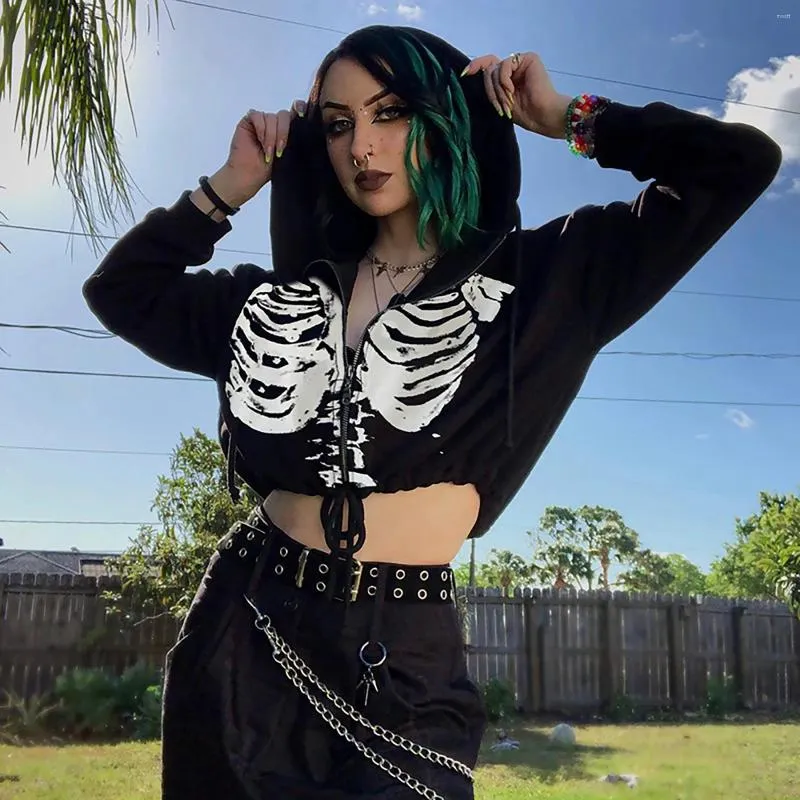 Sweats à capuche pour femmes Y2K Squelette Femmes Gothique Noir Zip Up Halloween Punk Sweats À Capuche Veste Courte Streetwear Hip Hop Rétro Manteaux