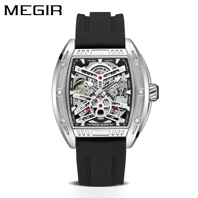 Megir Men's Wine Barrel Mechanical Watch Silicone Belt gränsöverskridande explosion Lysande vattentät grossist Hollow-out Mechanical Watch C6