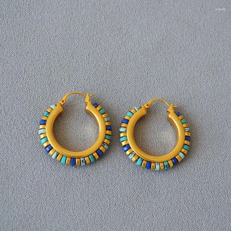 Hoop Earrings 18K Gold Plated Chic Design Brass Turquoise Beaded Vintage Style Fashion