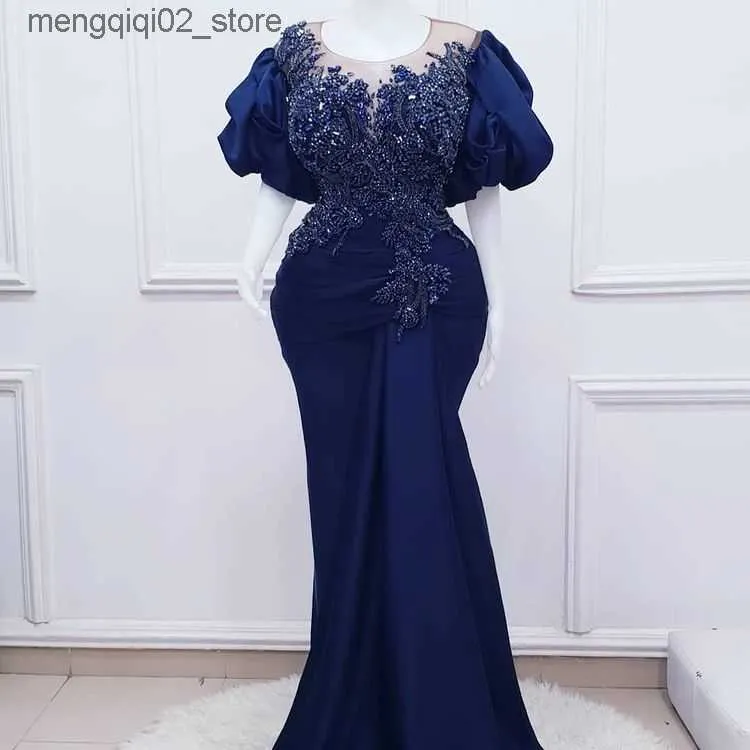 Robes sexy urbaines 2023 grande taille arabe Aso Ebi bleu royal sirène bal dentelle perles cristaux soirée formelle fête deuxième réception anniversaire Q240307