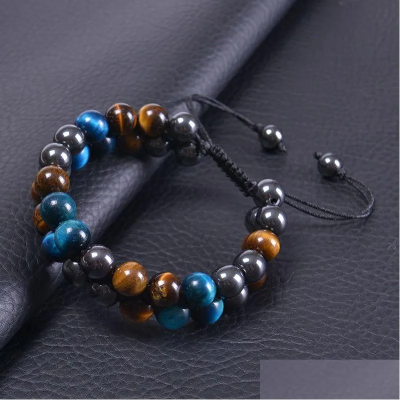 Kedja 10mm Blue Tiger Eye Stone Armband Dubbelskikt Beaded flätad justerbar hematitmagnetarmband armband manschett för män jude dhyr9