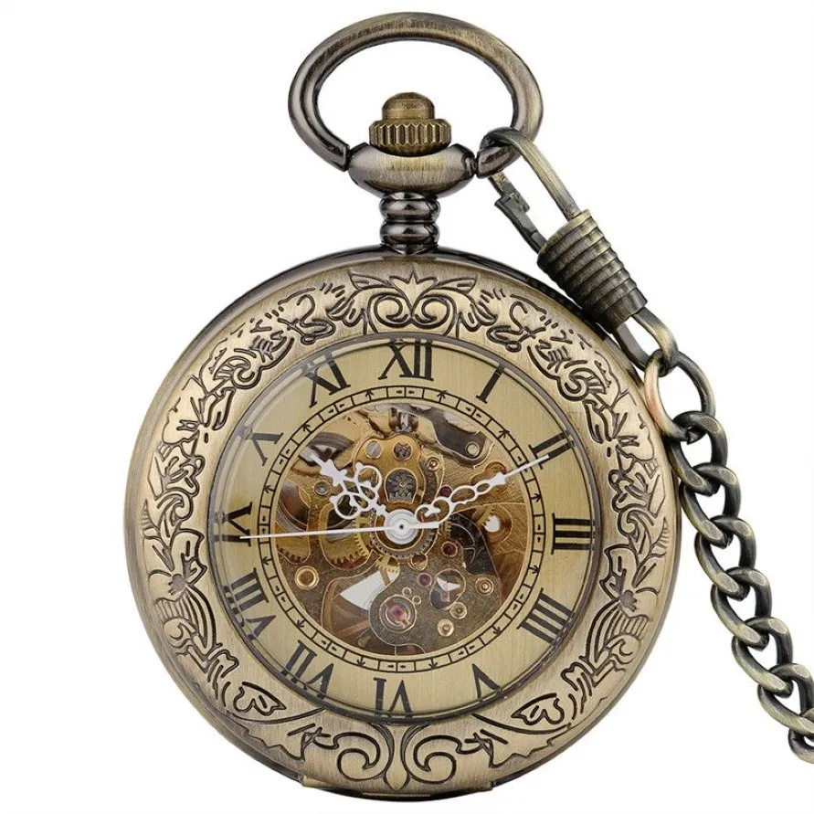 Orologio da tasca vintage in bronzo numeri romani scheletro orologi meccanici automatici uomo donna orologio a carica automatica pendente FOB catena270l