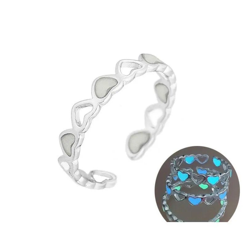 Bagues de bande Bague ouverte fluorescente de mode pour femmes 3 couleurs brillent dans le coeur lumineux sombre mignon femme à la mode bijoux cadeau Dro Dhnkv