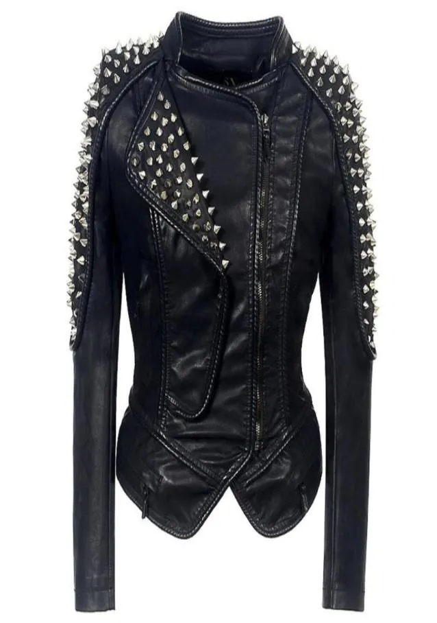 S6XL Mulheres Motociclista Jaqueta De Couro Cintura Lapela Gola MultiZip Shrug Studded Rebite Punk Motocicleta Outwear Preto Plus Size Women2831797