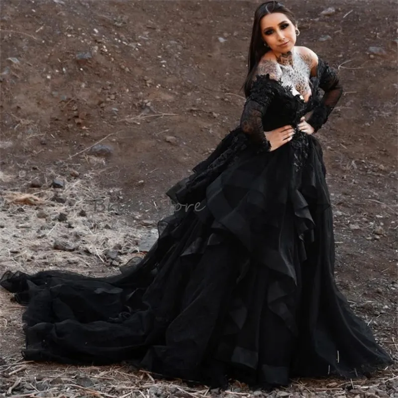 Gothic Style Wedding Dresses: Elegant Black Off Shoulder Ruffled Bridal ...