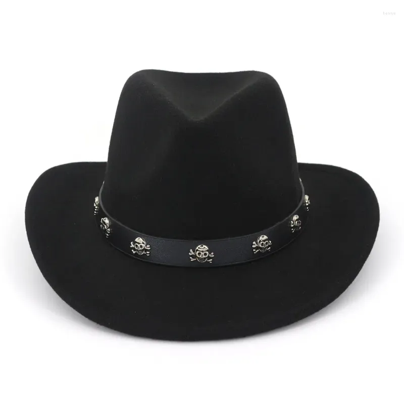 Bérets QBHAT Automne Hiver Western Ethnique Jazz Cowboy Chapeau avec Crâne En Cuir Bande Femmes Hommes Classique Large Bord Feutre Parti Fedora Chapeaux