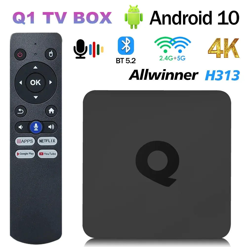 Boîtier Tv Android 10 Q1 ATV Allwinner H313 avec télécommande vocale BT Quad Core 5G Wifi 4k 2GB 16GB boîtier smart tv android décodeur