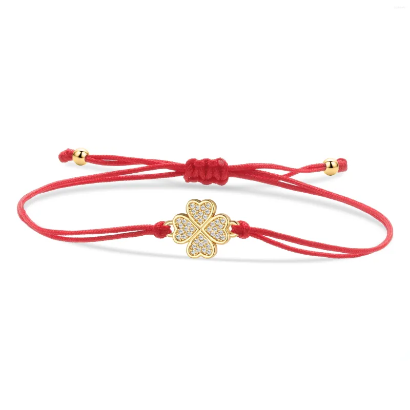 Charm Armbänder Trendy Zirkonia Kristall Vergoldetes Messing Vierblättriges Kleeblatt Glücksarmband Frauen Zirkon CZ Steine Rote Schnur Schmuck