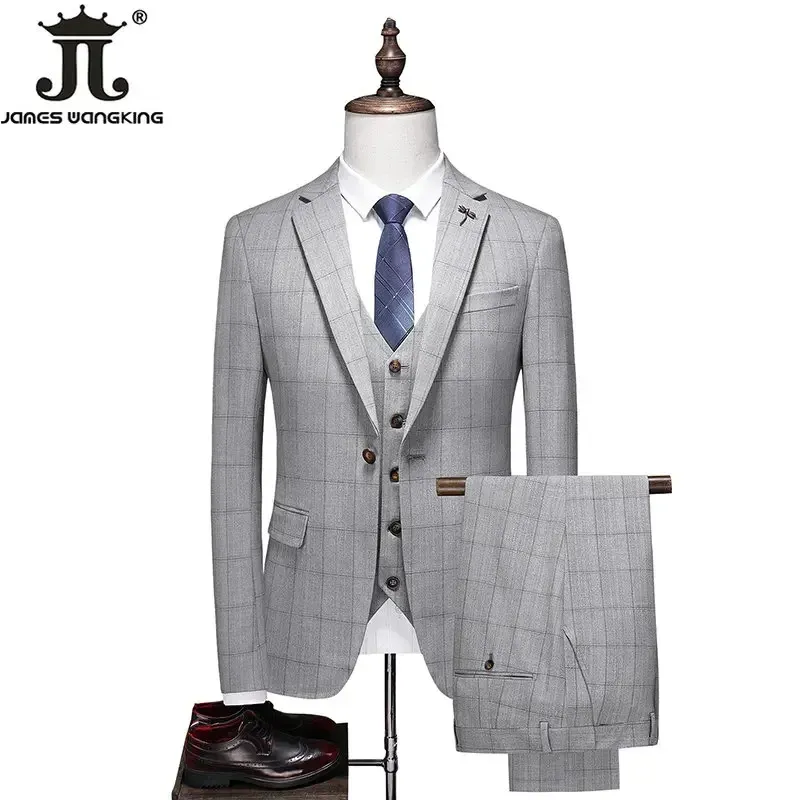 Suits ( Jacket + Vest + Pants ) 2024 New Fashion Boutique Plaid Mens Casual Business Suit Groom Wedding Dress Formal Slim Plaid Suit