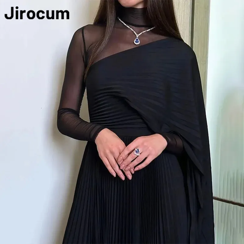 Jirocum Hoge Hals Prom Gown Womens Tule Volledige Mouw Geplooide Feestavondjurken Een Lijn Chiffon Enkellange Cocktailjurk 240227