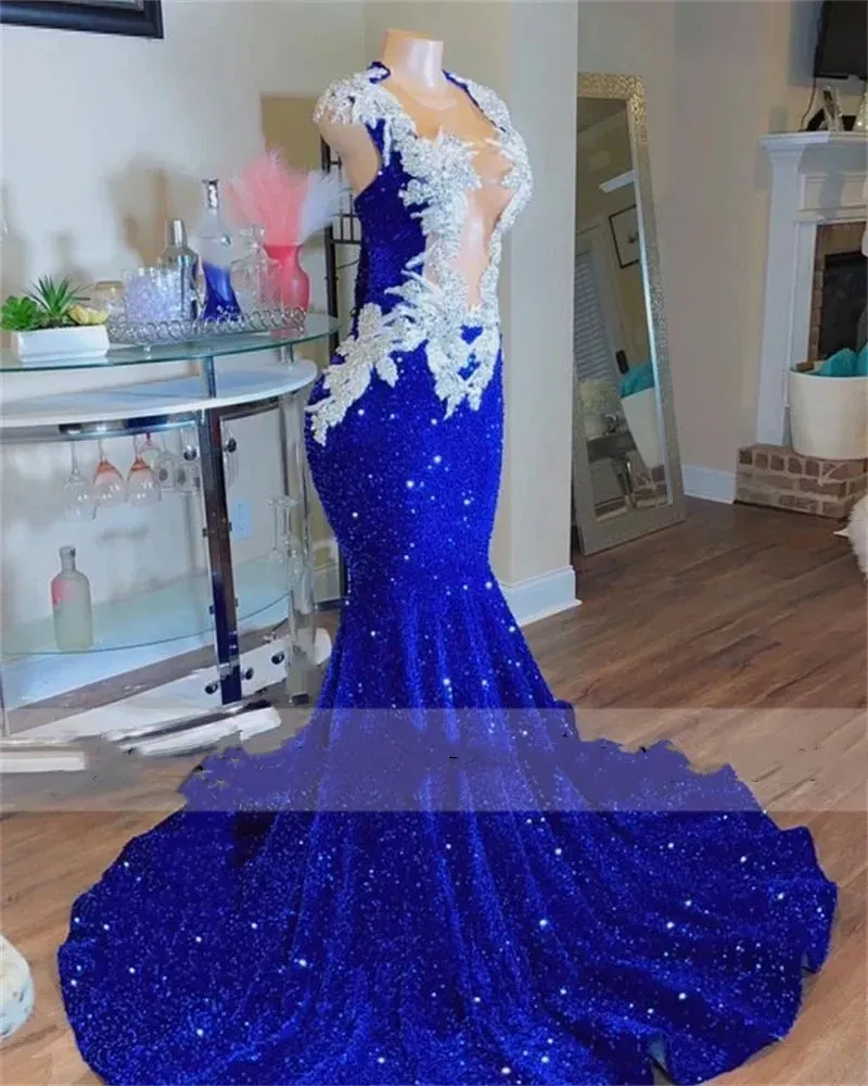 Sparkly Royal Blue Mermaid Prom Dress 2023 Crystal Rhinestones Graduation Party Dress Evening Gowns Robe De Bal