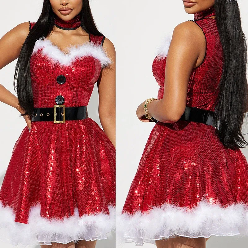 Abito Sunfanrtnn Costume da Babbo Natale da donna Abito da signora Natale Cosplay Natale con scollo a V Abito con cappuccio fantasia peloso Abiti da notte