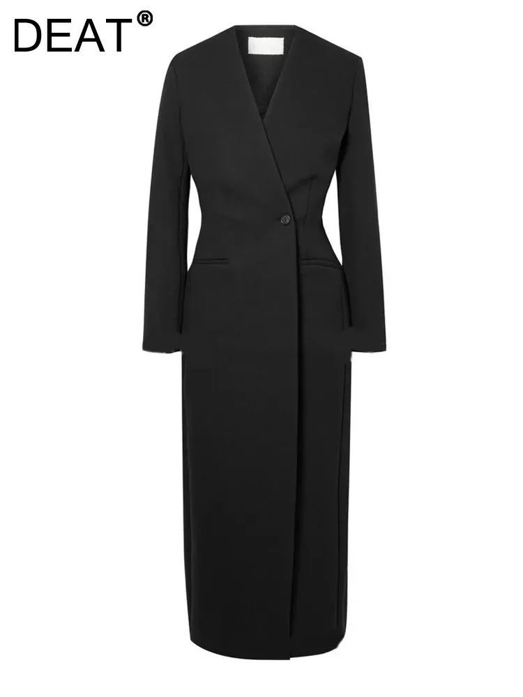 Trincheira deat moda feminina blazer trench manga longa único botão overknee vneck cor sólida windbreak primavera 2024 nova maré 7ab3293