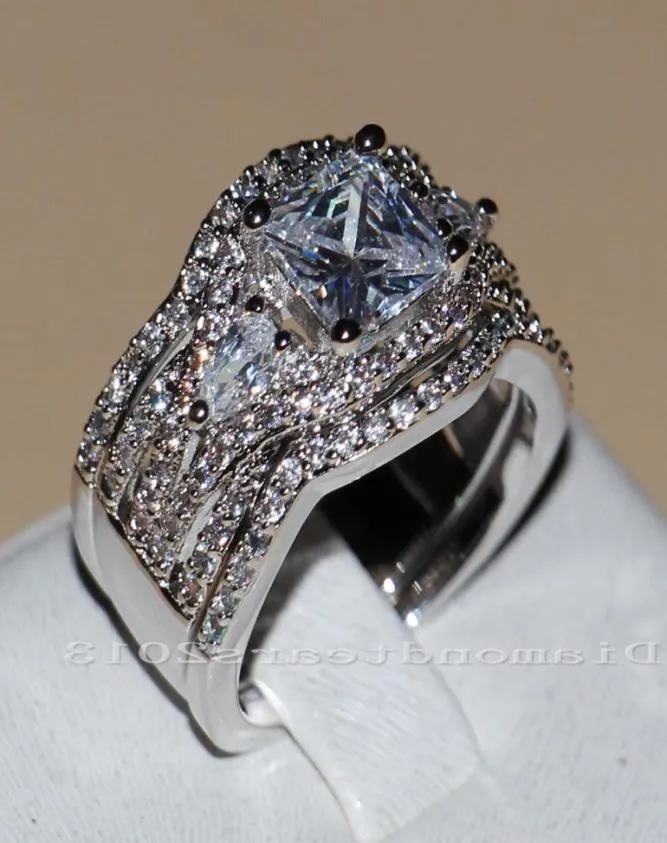 Victoria Wieck Bijoux de luxe Topaze remplie d'or blanc 10 carats Diamant simulé taille princesse 3 en 1 Bagues de fiançailles de mariage pour femmes S9681647