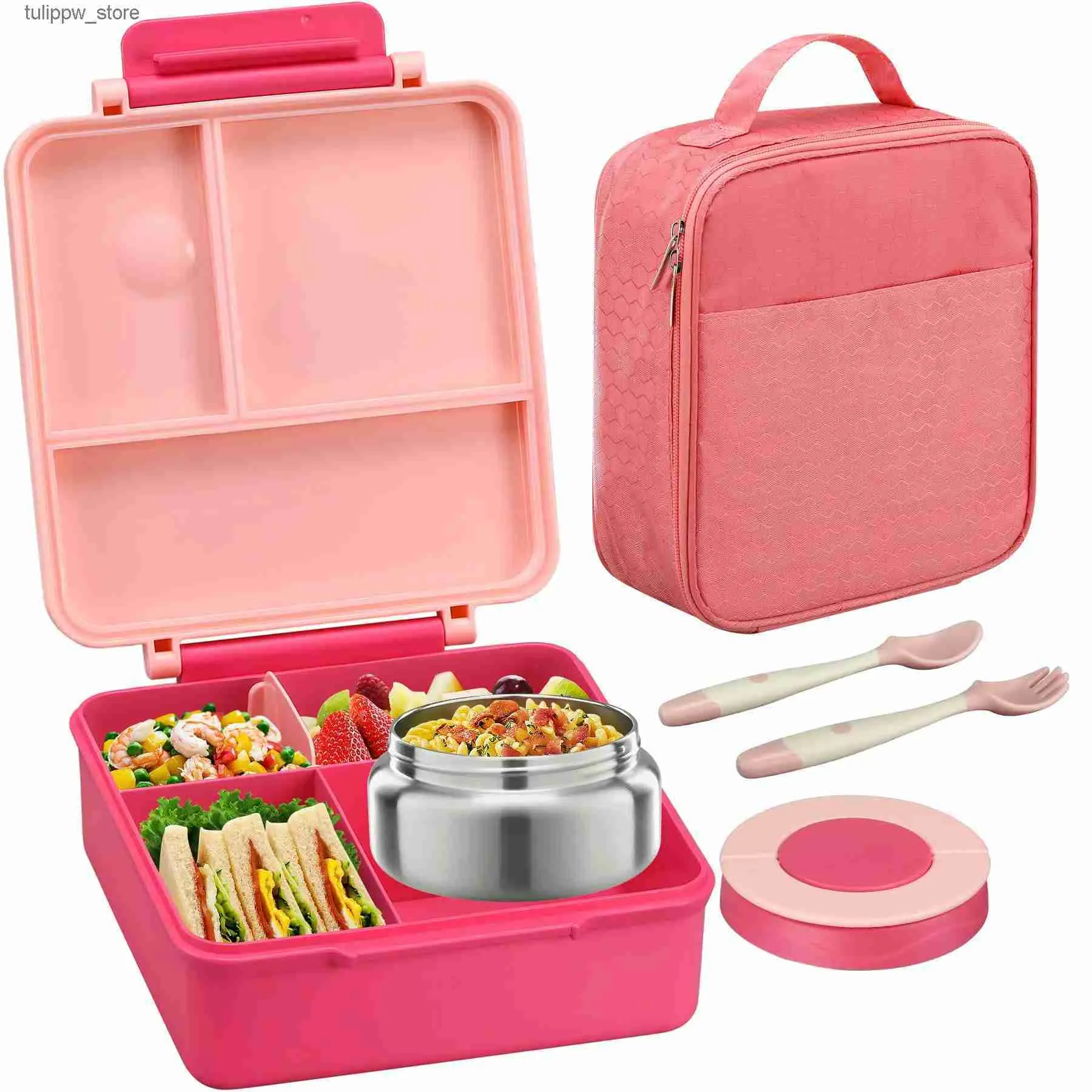 Bento Boxes Kids Bento Lunch Box Set 8oz Soup Thermo Leak-Proof Containrar 4 Fack Isolated Food Jar Pink Lunch Bag L240307